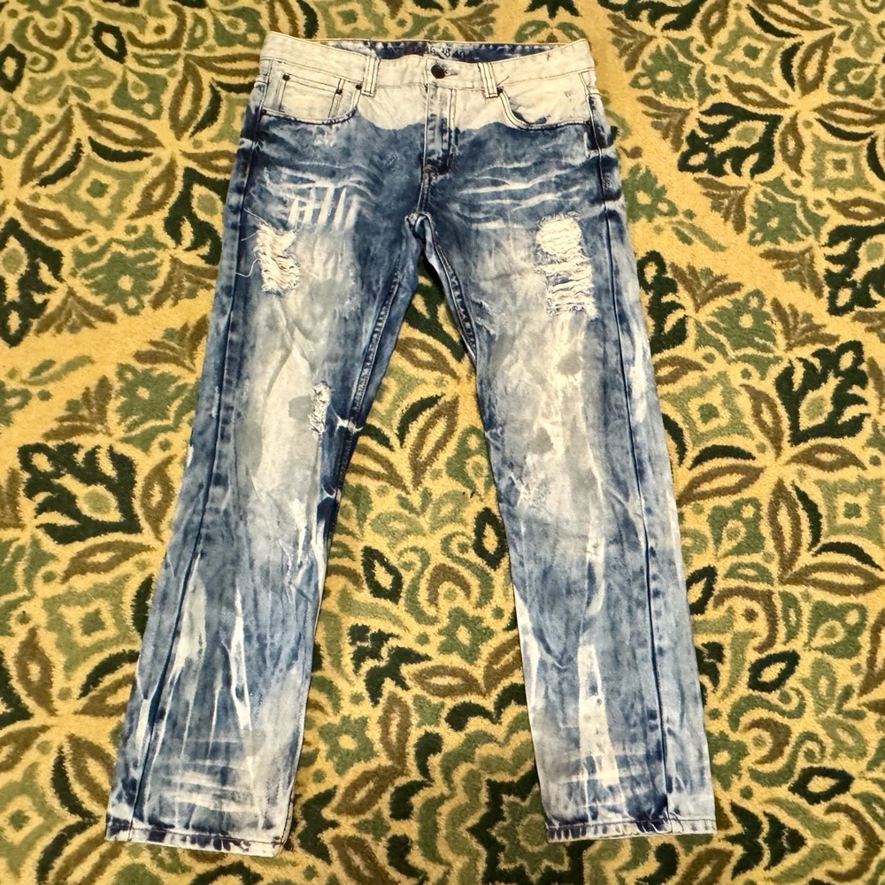 Men’s Denim House Premium Denim Acid Wash Tie Dye Grunge Slim Jeans 34 x 30